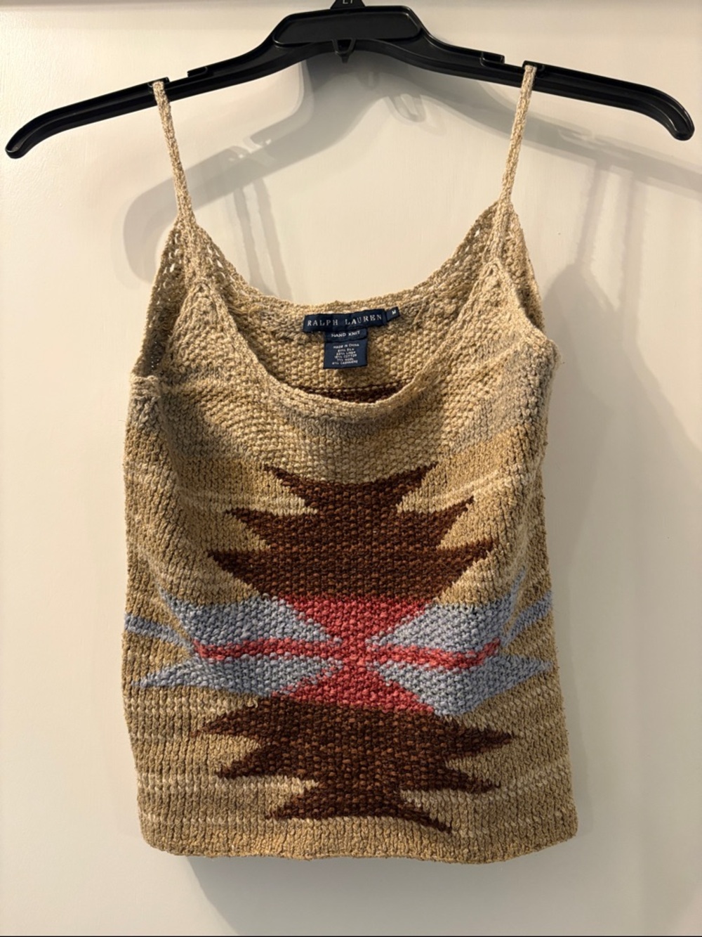 Ralph Lauren Tan Knit Aztec-Pattern Cami with Red & Blue Accents